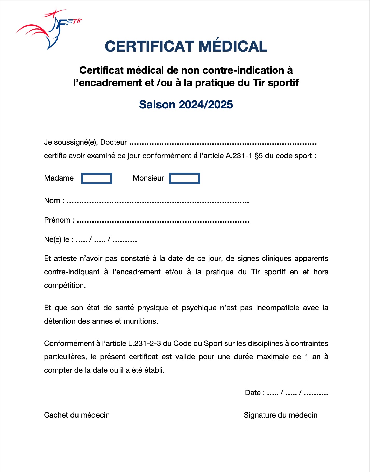 Certificat Médical FFT 2024 -2025