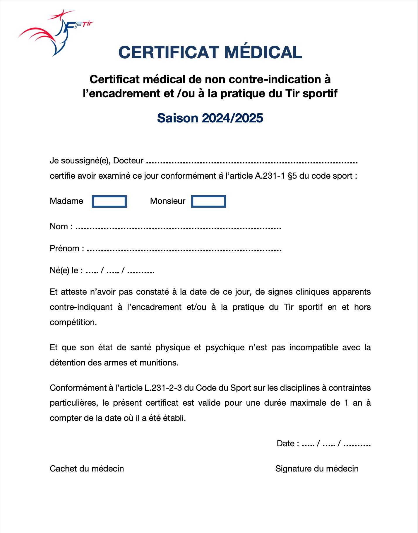 Certificat M dical Saison 2024 2025 AST Roissy